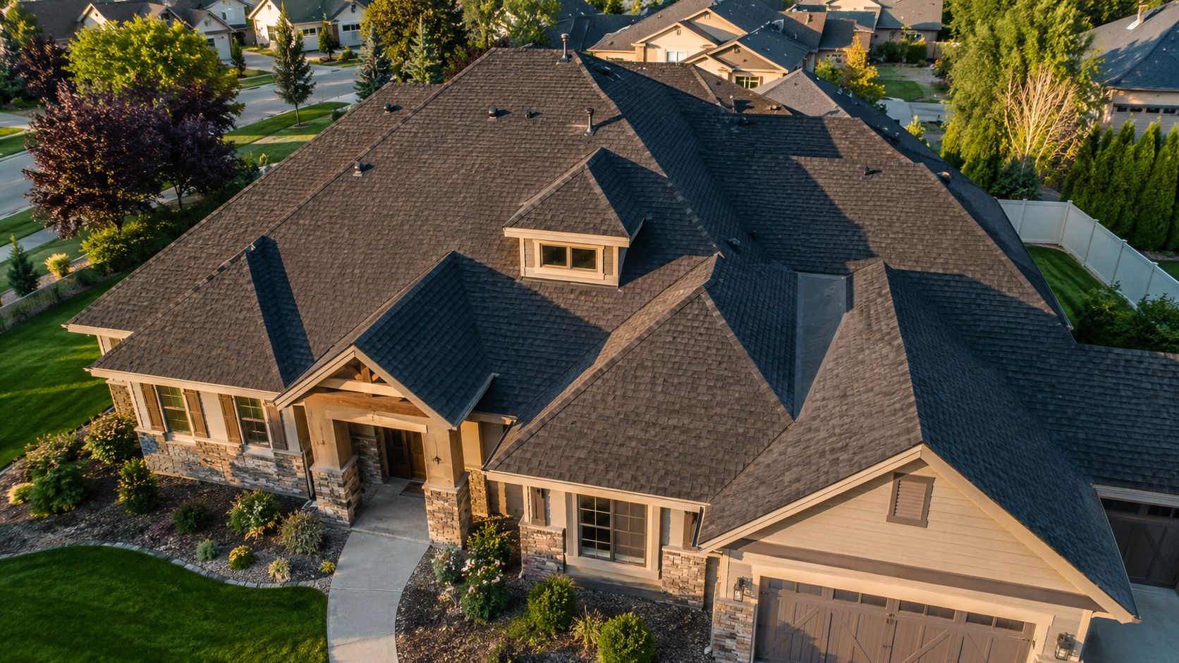 aerial view of a residential roof with brown shingles